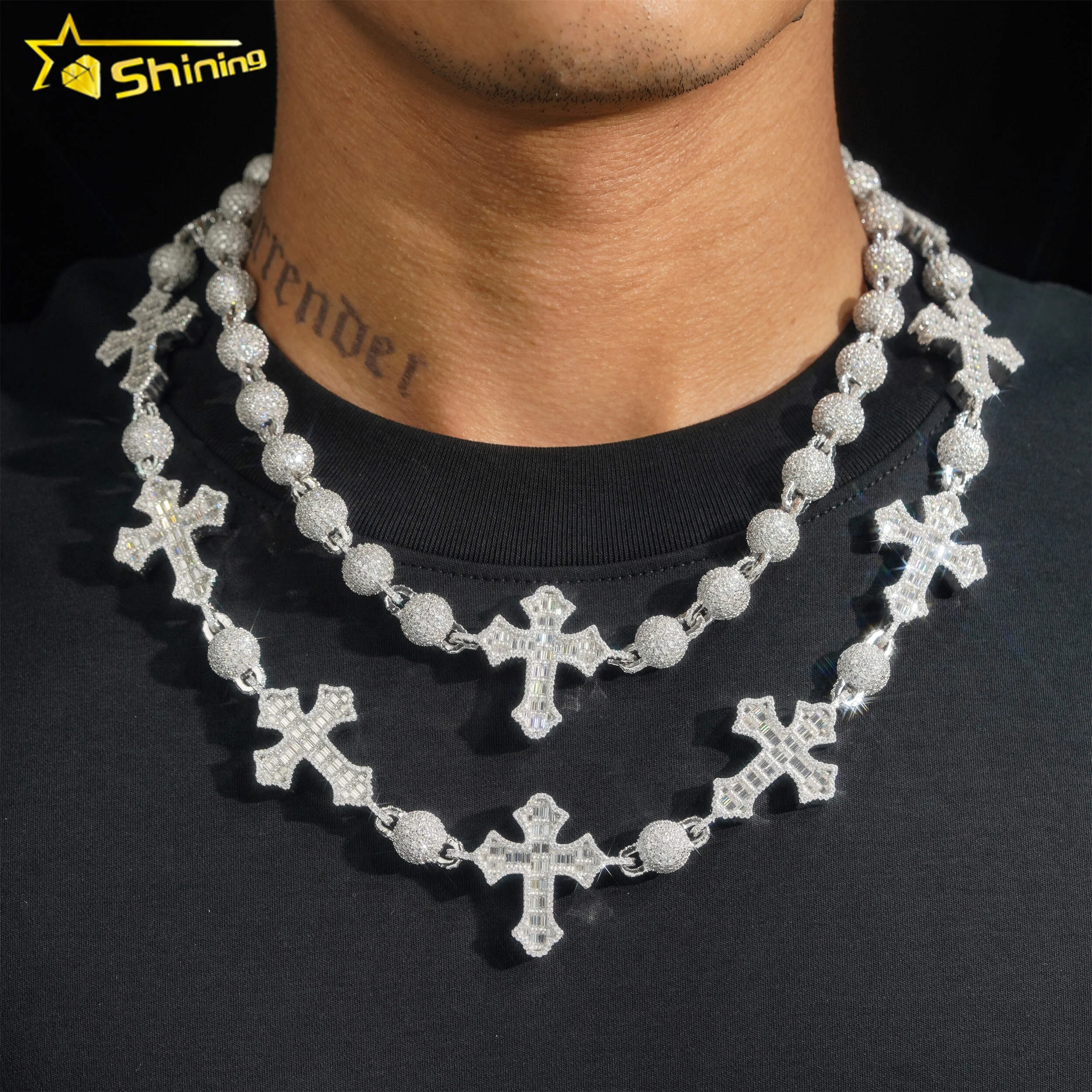 

Hip Hop 925 Sterling Silver Ball Tennis Necklace Custom Necklace Pendant Cross Moissanite Diamond Cuban Link Chain