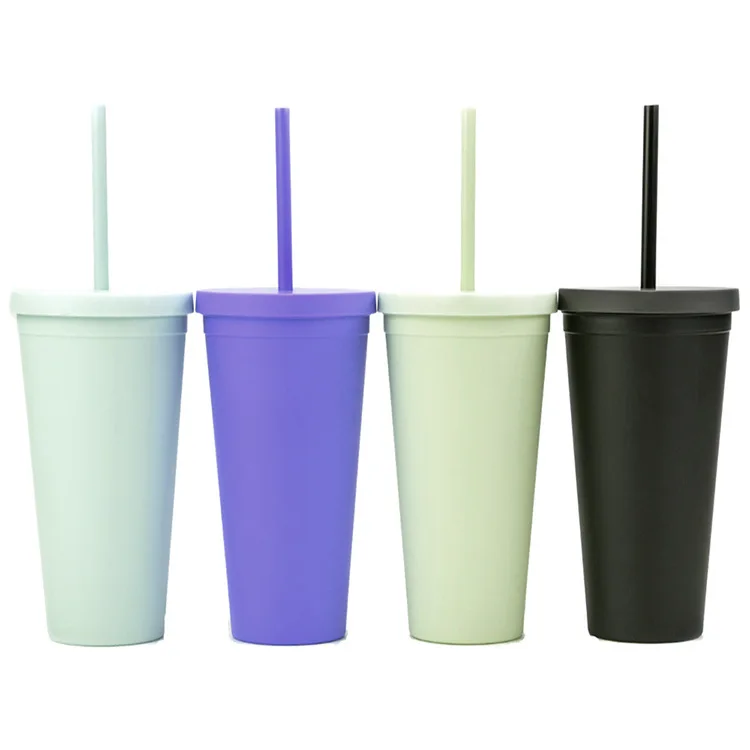 

Candy color double-layer plastic coffee cup plastic frosted water cup water bottle with straw, 12 colors