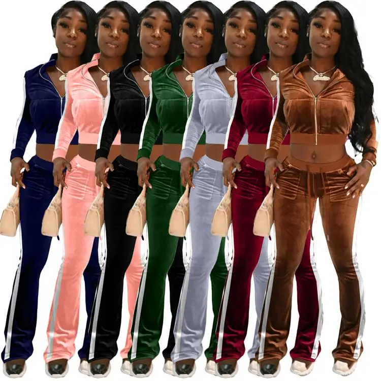

Best Seller Long Sleeves Solid Color Velvet Women Crop Top Set Women Clothing Wholesale Top And Wide Leg Pants For Ladies
