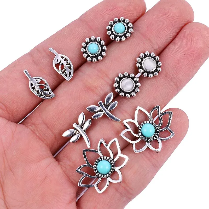 

5pairs/set attractive retro dragonfly lotus leaves turquoise stud earrings for a woman, Picture shows