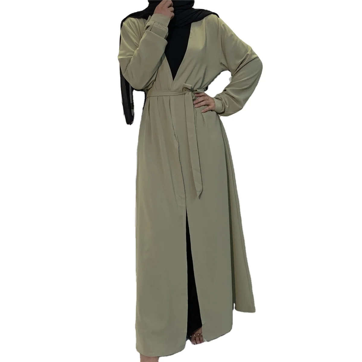 

Wholesale High Quality Hot Sale Muslim Casual Cardigans Tie Islamic Arab Green Muslim Robes Grown