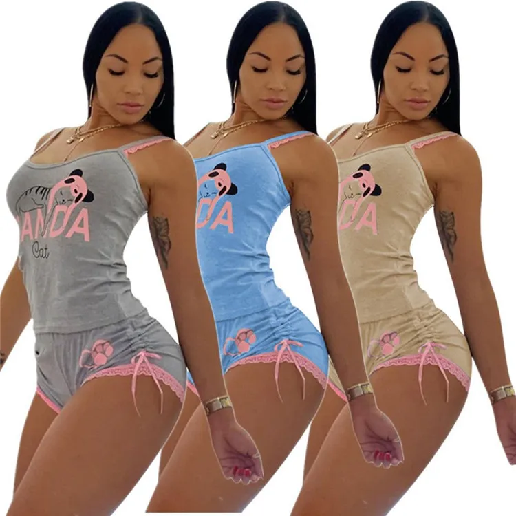 

Hot Selling Trendy Cotton Pajamas Suspender 2021 Fashion Clothes Sleep Wear Lounge Wear Women Sets Two Piece, As picture