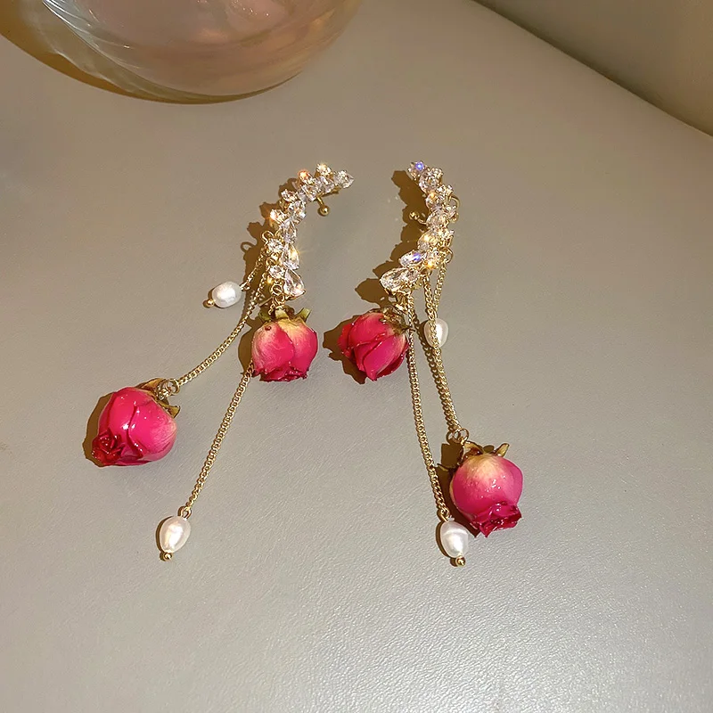 

2021 new design crystal cuff real flower earrings