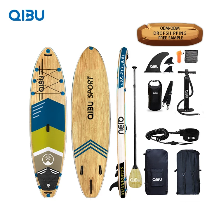 

QIBU Double Layer Drop Stitch wooden paddle supboard,wholesale paddle board., Wood grain