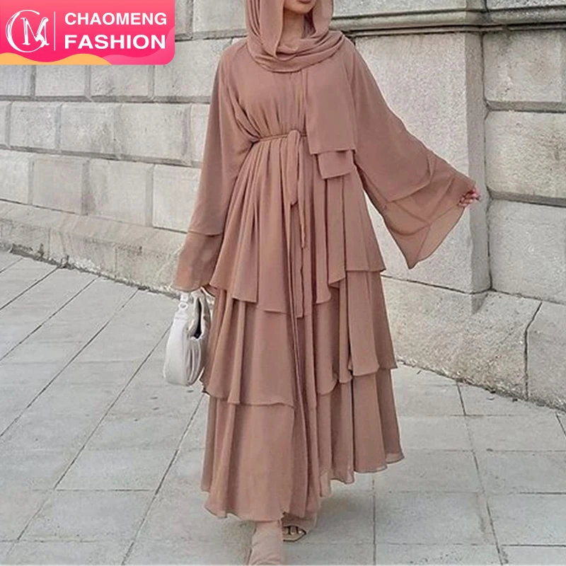 

1896#Latest high quality 3 layer simple chiffon islamic clothing open front kimono cardigans muslim women black dubai abaya, Pink/blue/mint/grey/brown/purple/beige/white/black