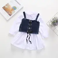 

New Fashion White Shirt Blouse with Denim Blue Waist Band 2pcs Toddler Girl Shirt +Jean Lace up Waist Skirt Outfit Clothes