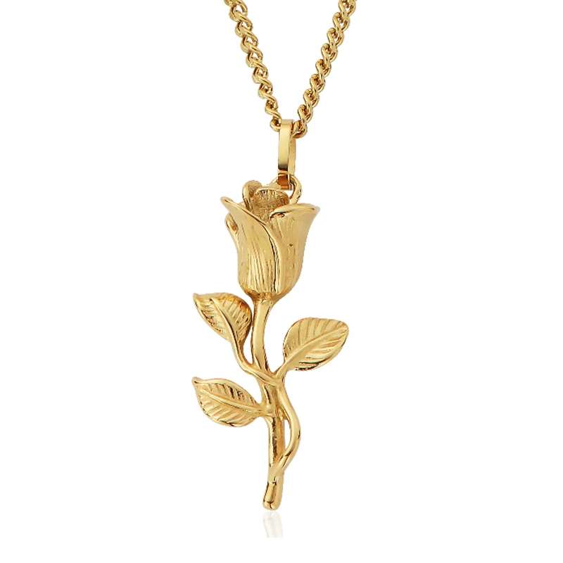

Vintage Style 18K Gold Plated Stainless Steel Jewelry Rose Flower Pendant Necklace Cuban Chain Necklace For Women Men