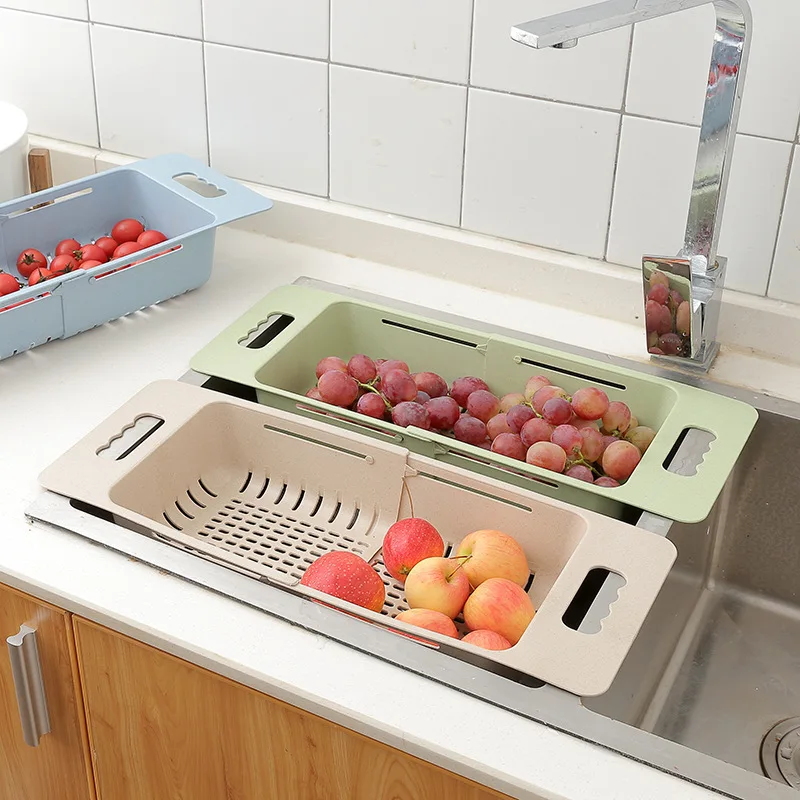 

DYS047 Wheat Straw Retractable Adjustable Sink Vegetable Washing Basket Fruit Basket Kitchen Sink Wash Drain Basket Holder, Multi-color