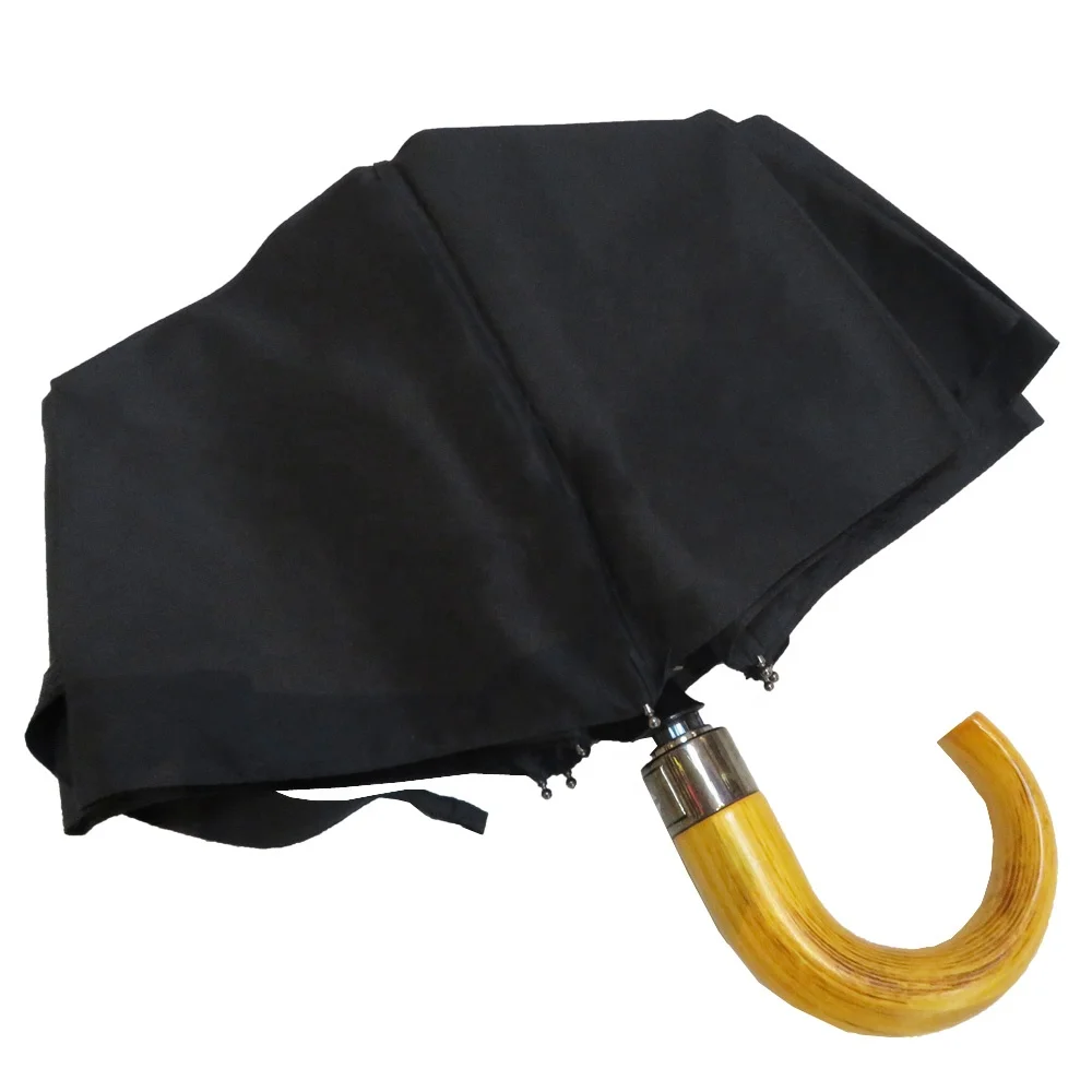

Black Windproof Portable J Hook Travel Wooden OEM Umbrella