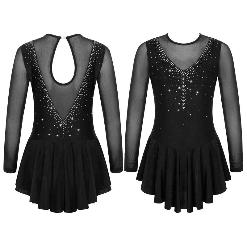 

Kids Girls Stylish Clothing Long Sleeve Round Neckline V Shape Rhinestone Decorated Patchwork Style Hollow Back Skating Dress