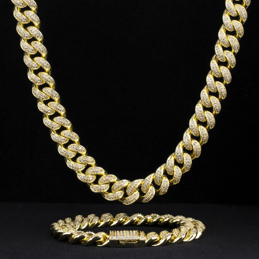 KRKC Drop Shipping 1pcs Service 12mm 14k Gold Plated 5A CZ Diamond Iced Out Hip Hop Jewelry Cuban Link Chain