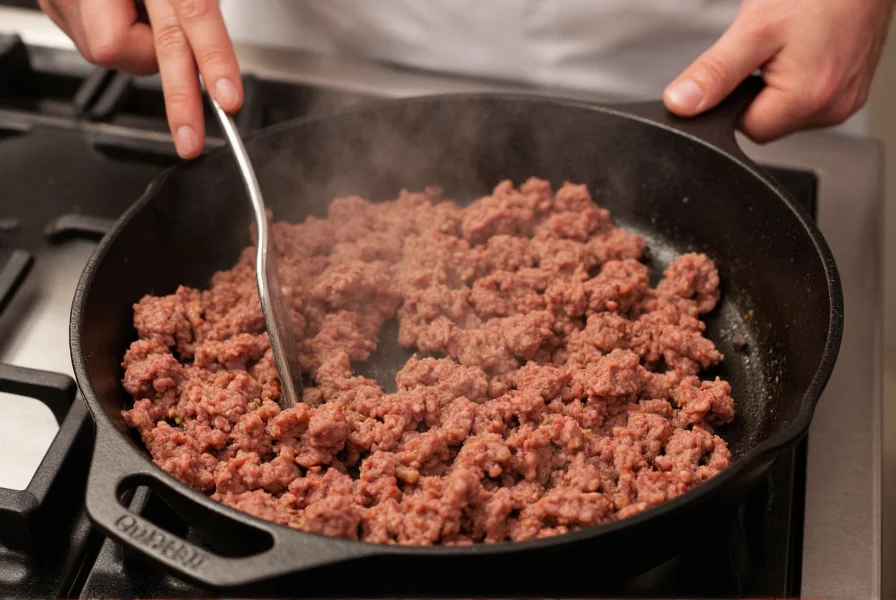 Chef carefully browning ground beef in cast iron skillet for chili preparation