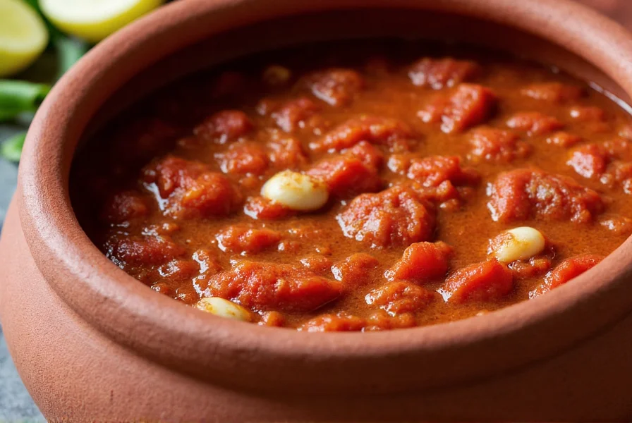 Traditional Mexican tomato ranchero sauce simmering in clay pot with roasted tomatoes and garlic