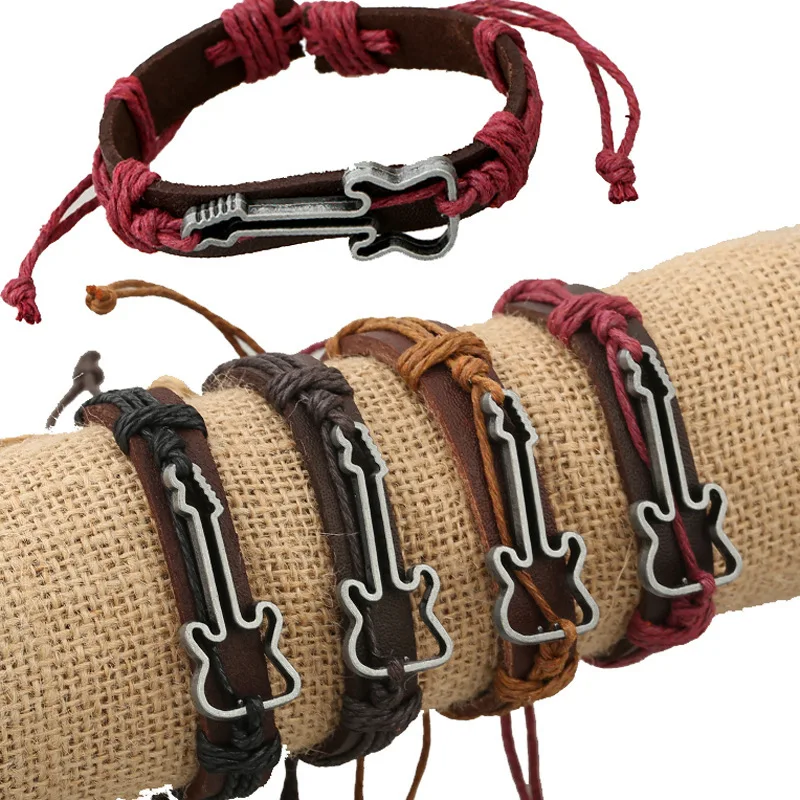 

Guitar Jewelry Accessories Leather Bracelet Factory Direct Wax Rope Braided PU Bracelet For men, As picture