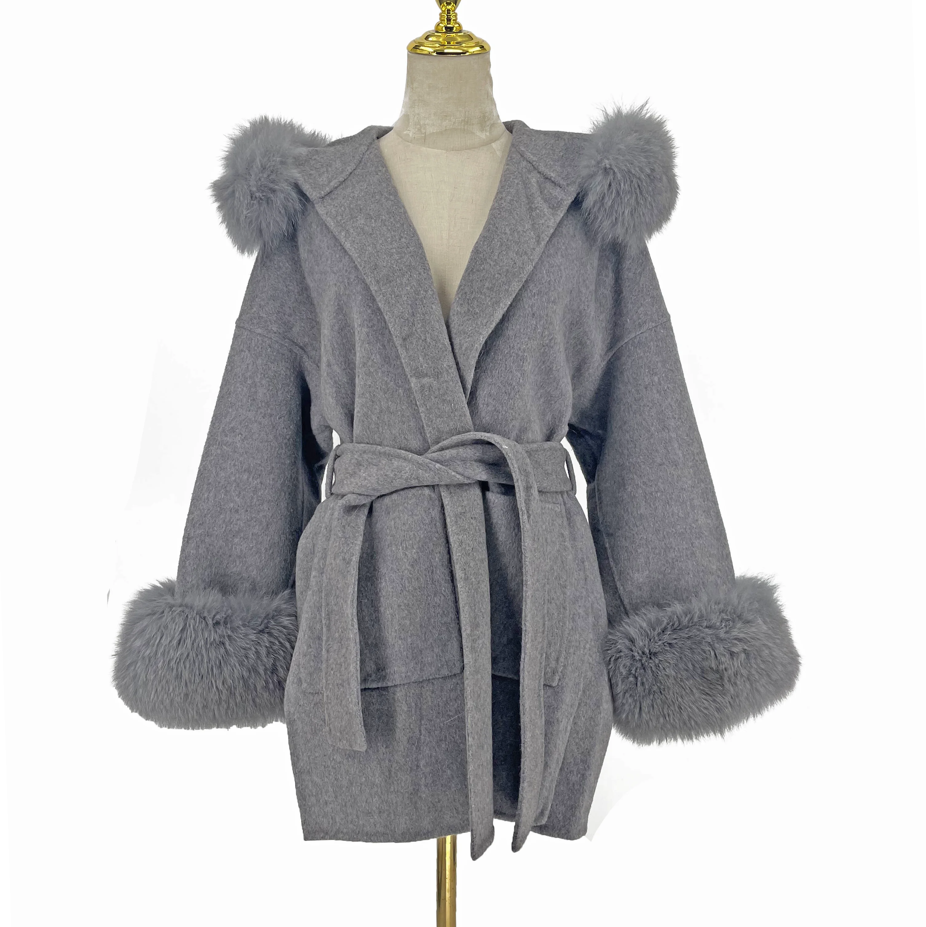 

QIUCHEN QC21005-2 Women Winter Fox Fur Collar Cuffs Hooded Luxury Cashmere Wool Coat, Customized color