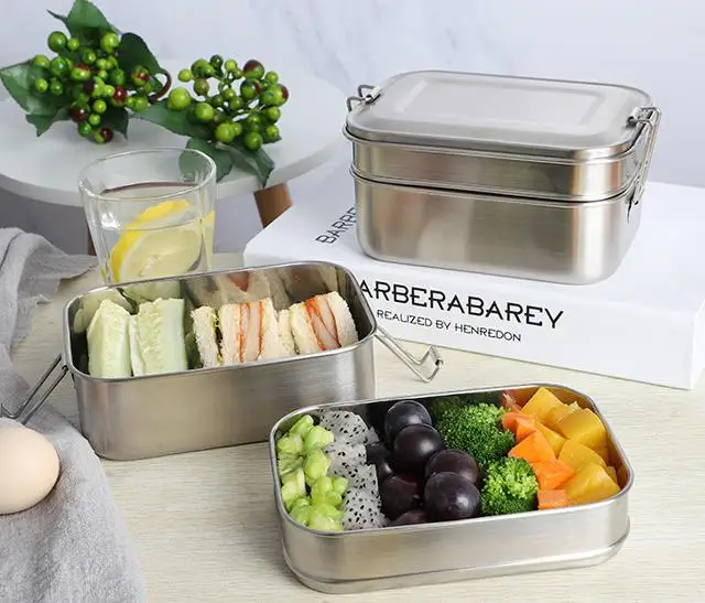 

Amazon Trend Double Layers Stainless Steel Lunch Box Portable Wholesale Stackable 2-tiers SUS304 Bento Tiffin Box with Buckles