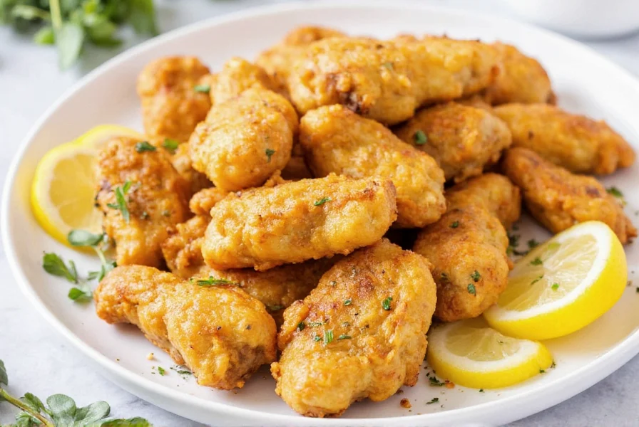 Crispy golden lemon pepper chicken steppers on white plate with lemon slices and fresh herbs