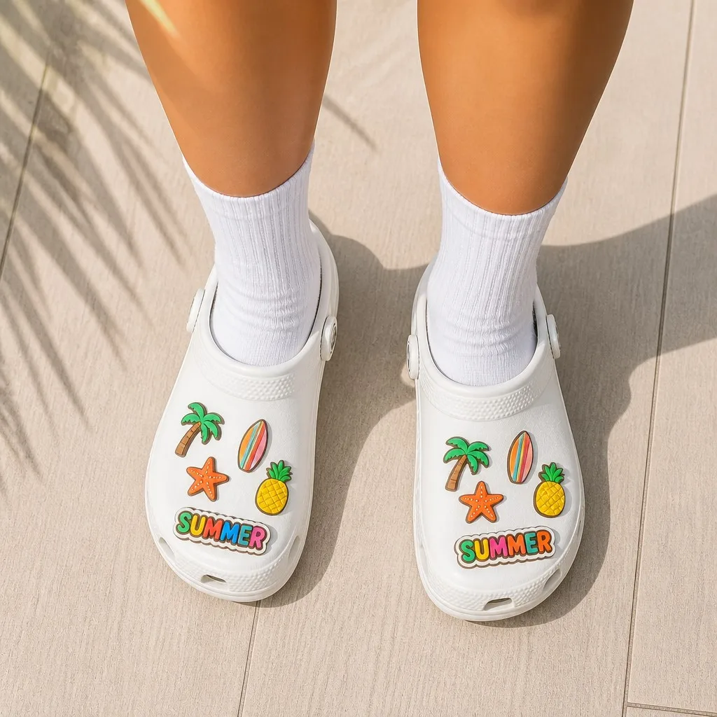 Summer beach themed clog charms worn on foot with white socks on a sunlit terrace