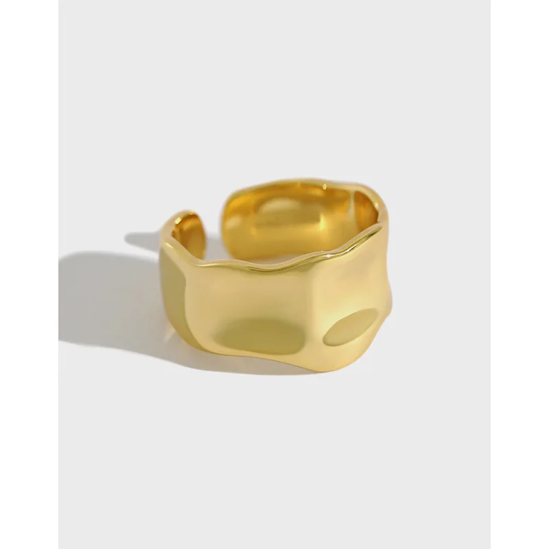 

INS Popular 18K Gold Plated Open Ring S925 Sterling Silver Wide Irregular Convex Adjustable Ring