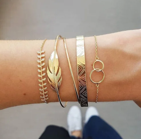 

5Pcs/set Bohemian Gold color Moon Leaf Crystal Opal Open Bracelet Set for Women