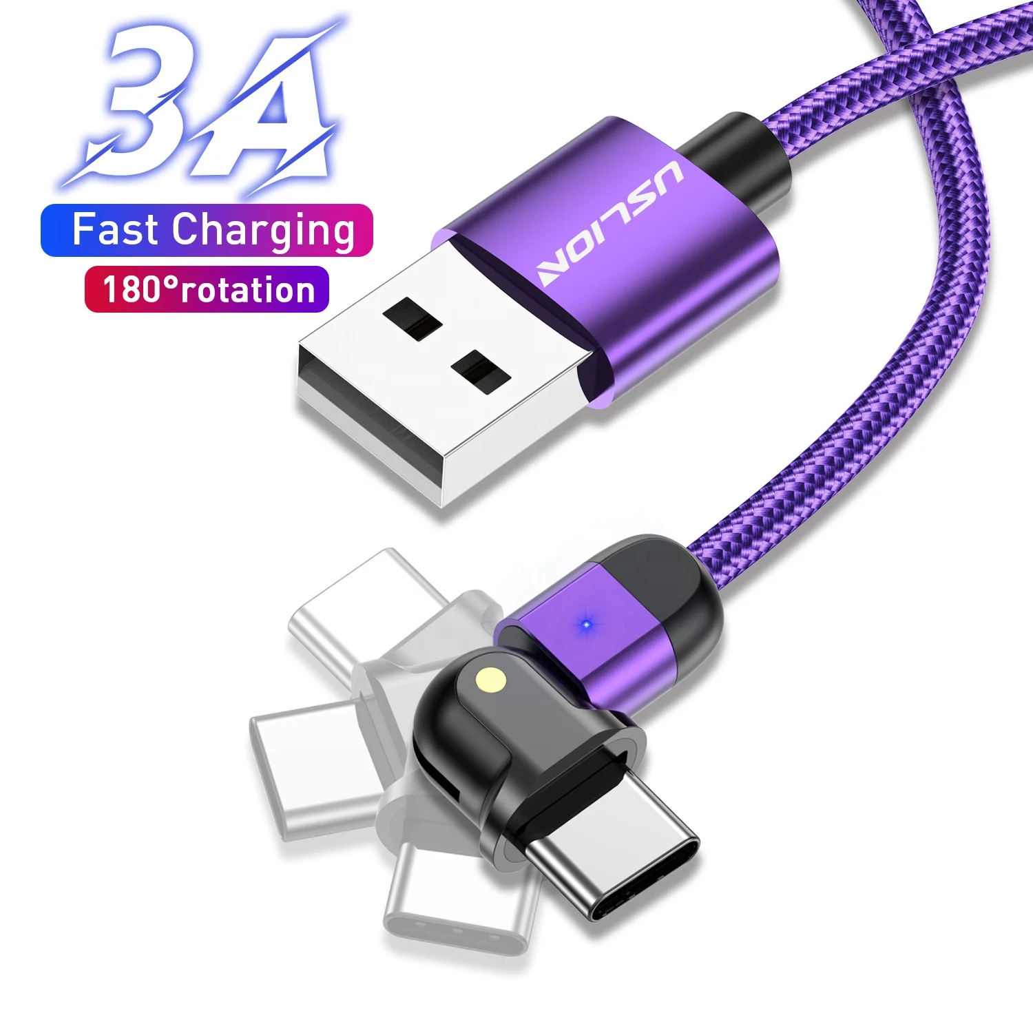 

USLION 0.5M 180 Degree Data Cable Fast Charging Cable Usb C Double Type C Usb Data Cable, Black/red/silver/purple