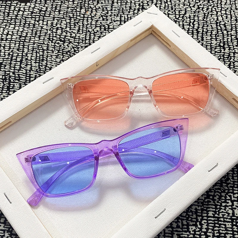 

PC Frame 2021 Small Square Cat Eye Rinbow Color Pink Blue Trendy Women Sunglasses