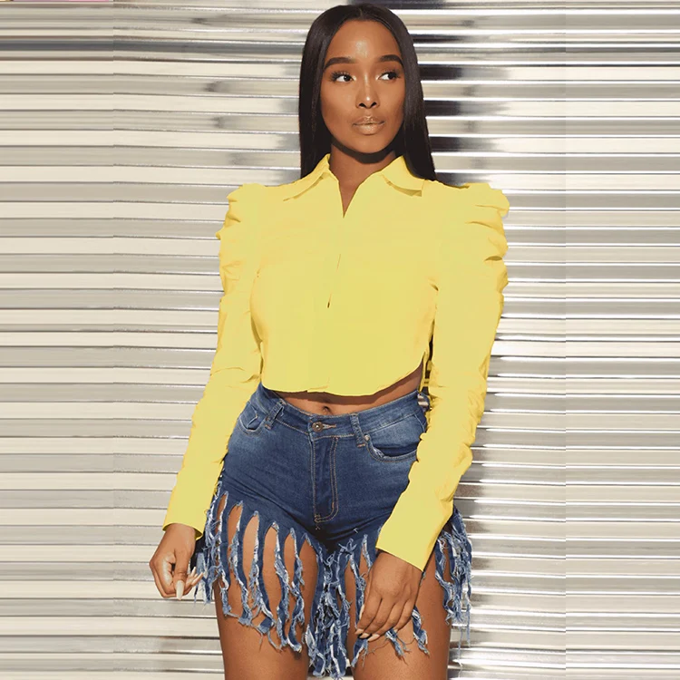 
High Quality Sexy Solid Color Puff Sleeve Shirt Women Blouses Crop tops Ladies Long Sleeve 2020 Fall women clothing 