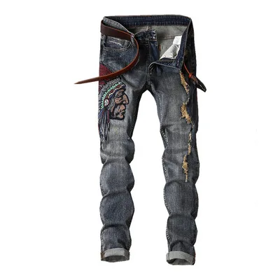 

Indian Avatar Embroidered Jeans Men Scratch Long Cracks High Street Pants Soft Red Ears Blue Grey Slim 2020 Western Style, Picture color