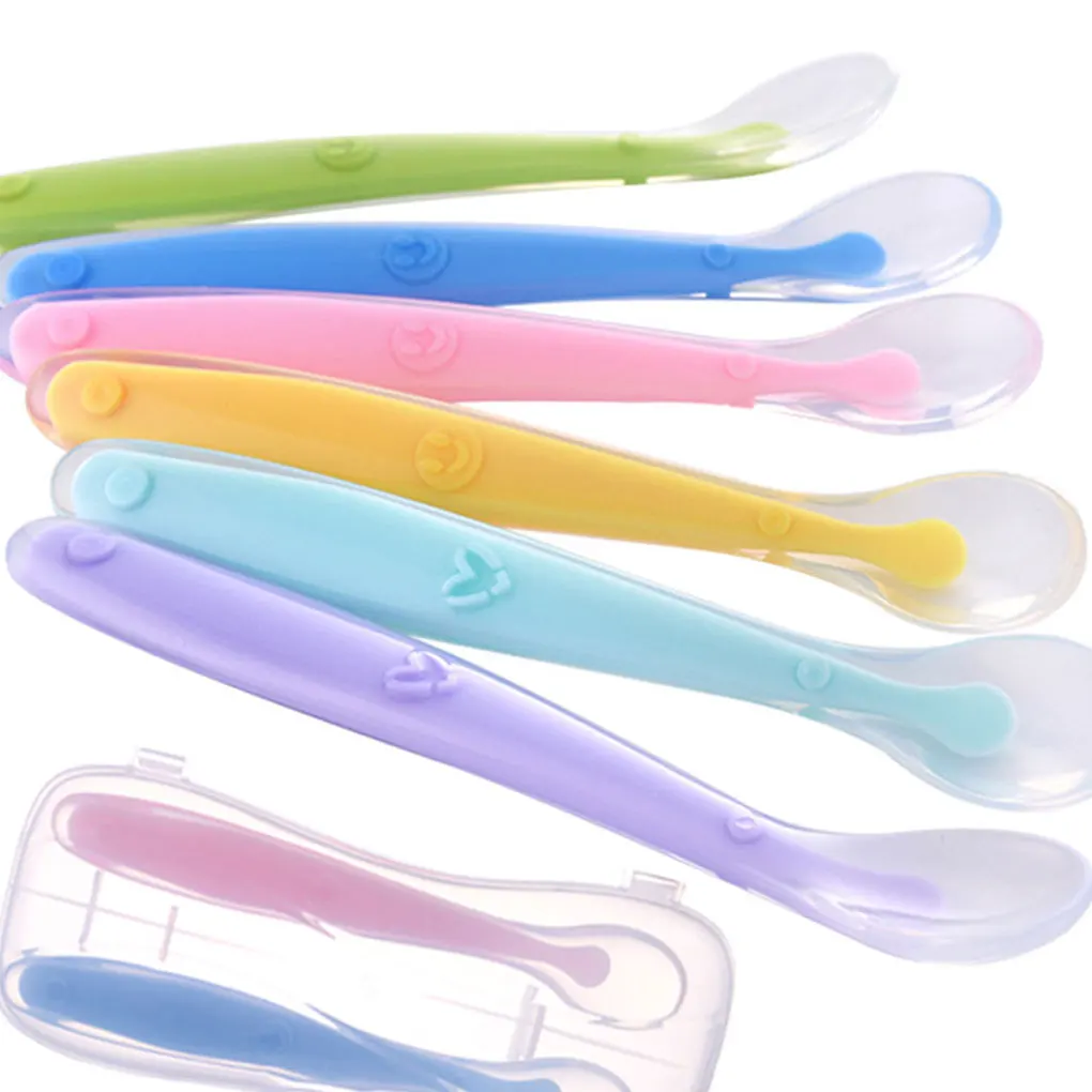 

Baby Silicon Spoon Baby Safety Temperature Heat Sensing Thermal Feeding Spoon Kids Children Flatware Feeding Spoons, Blue,pink,orange,green