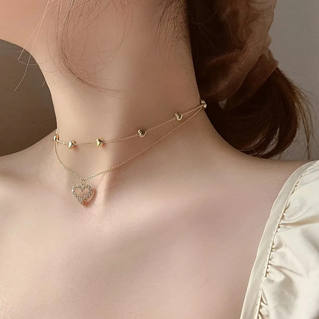 

JUHU Fashion Temperament Slightly Inlaid Heart-shaped Metal Style Temperament Double Smiling Face Clavicle Chain White Collar