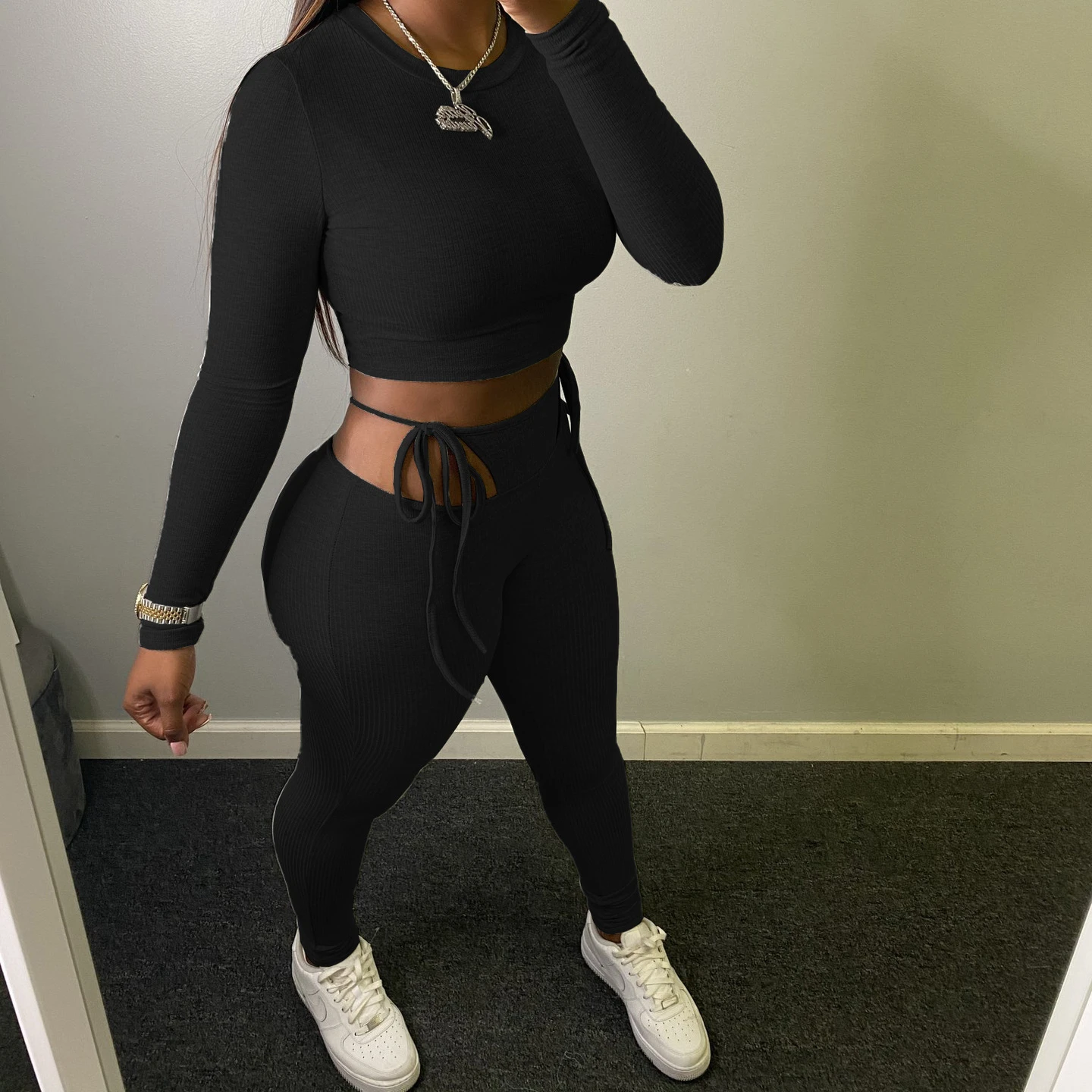 

Sexy Bodycon Crop Top Bandage Pants 2 Piece Set Women 2021