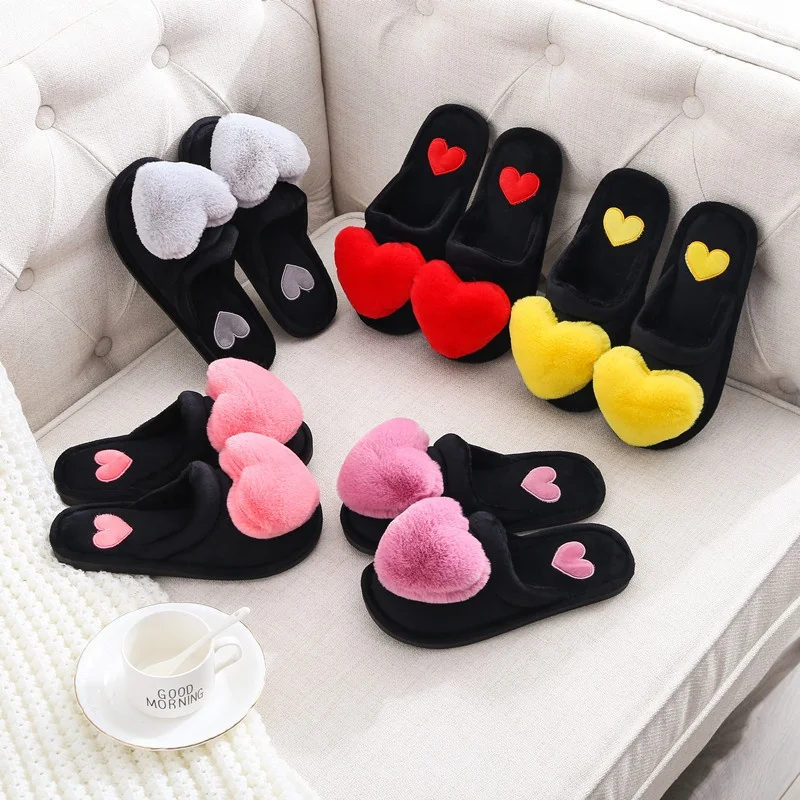 

Plush Slippers Female Autumn And Winter Home Warm Velvet Love Flat-Bottomed Non-Slip Ladies Comfort Indoor BedroomSlippers