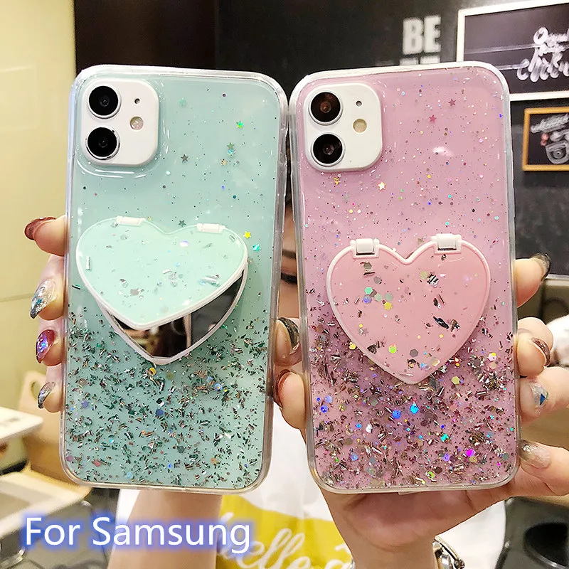

HOCAYU Glitter Girly Phone Case for Iphone 11 Heart Holder Mirror Epoxy Cover Carcasa for Iphone 11 Xr X XS 7 8 Plus 12 mini