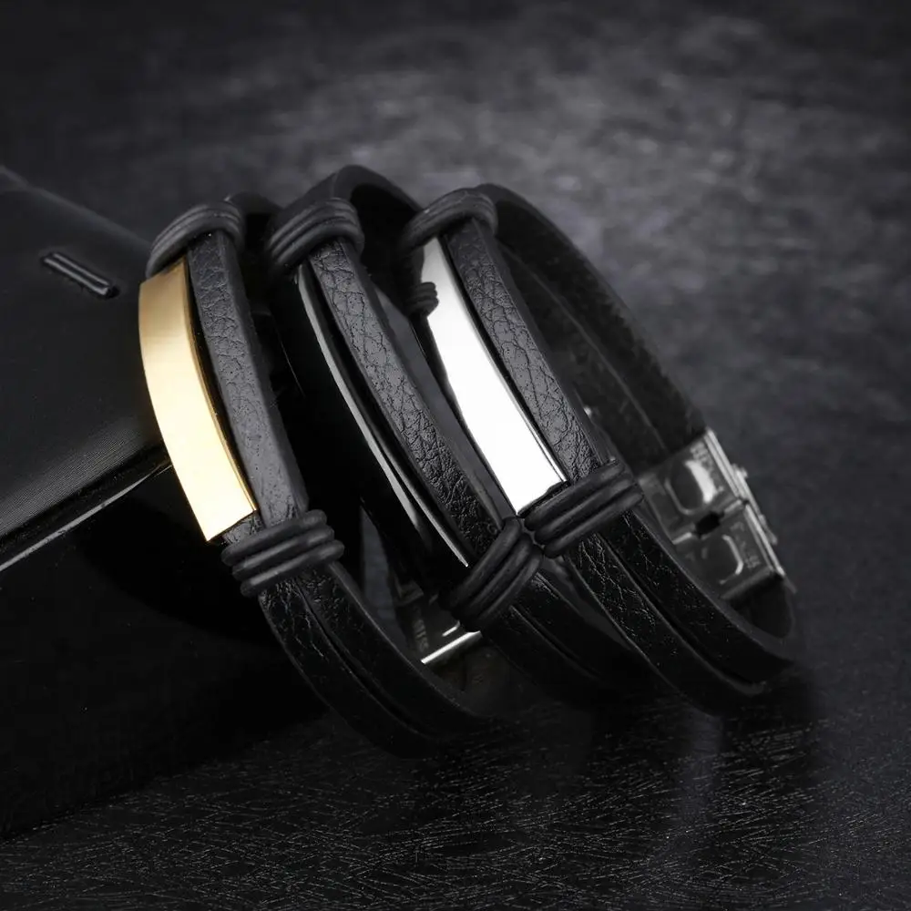 

Creative black stainless steel men's leather bracelet double student bracelet, Picture