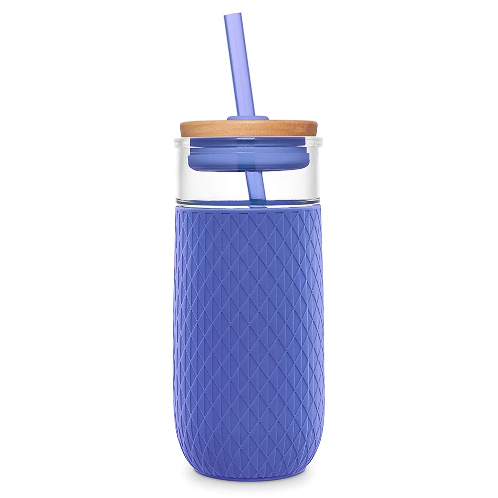 

20oz Glass Water Tumbler With Bamboo Lid and Straw Silicone and Protective Sleeve Bamboo Lid for Beverages and Juicer Use