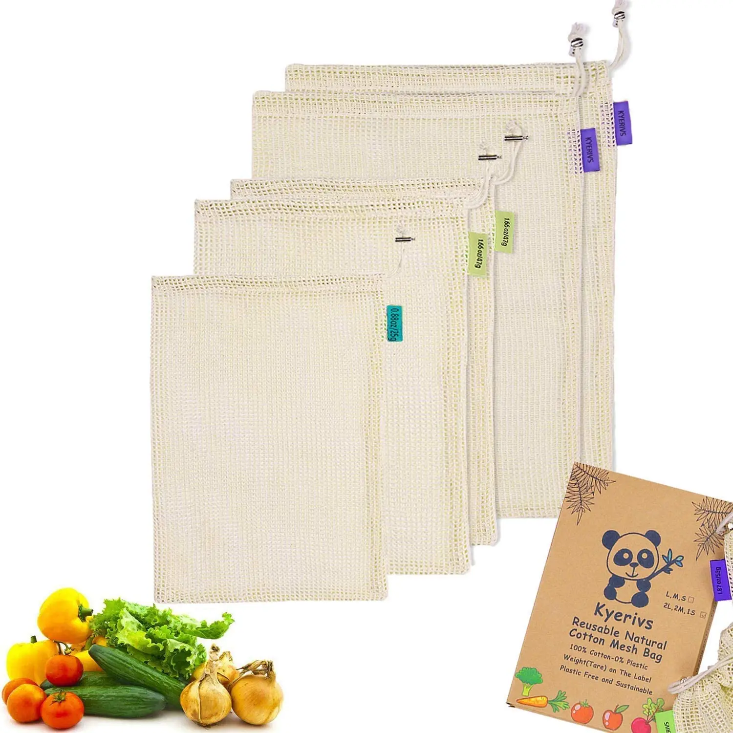 

Natural Organic Reusable Cotton Produce/Mesh Bags with Tare Weight on Tags