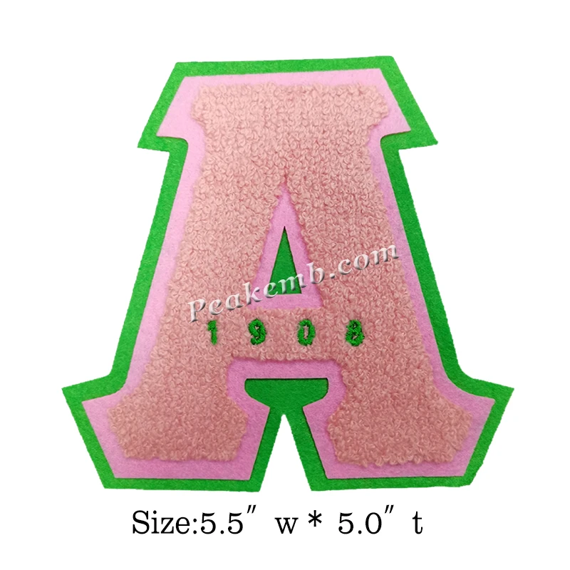 

Ready to ship sorority design letter A 1908 iron on chenille patches for clothing
