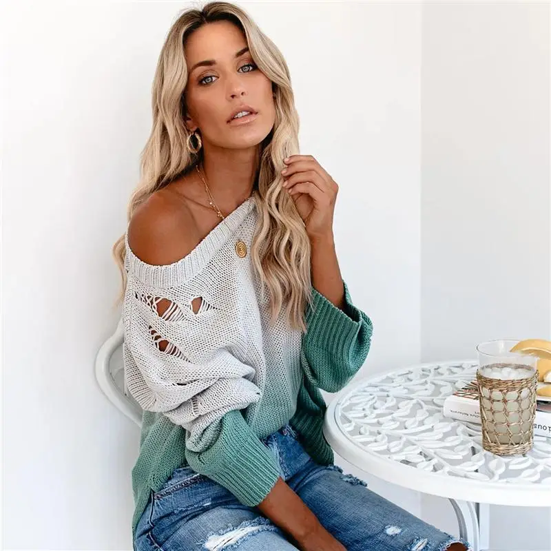 

Fashion Women Fall Outfits Knitwear Pullover Hole Gradient Cutout Sweater Ladies Long Sleeve Clothes Distress Sweaters For Women, Multicolor