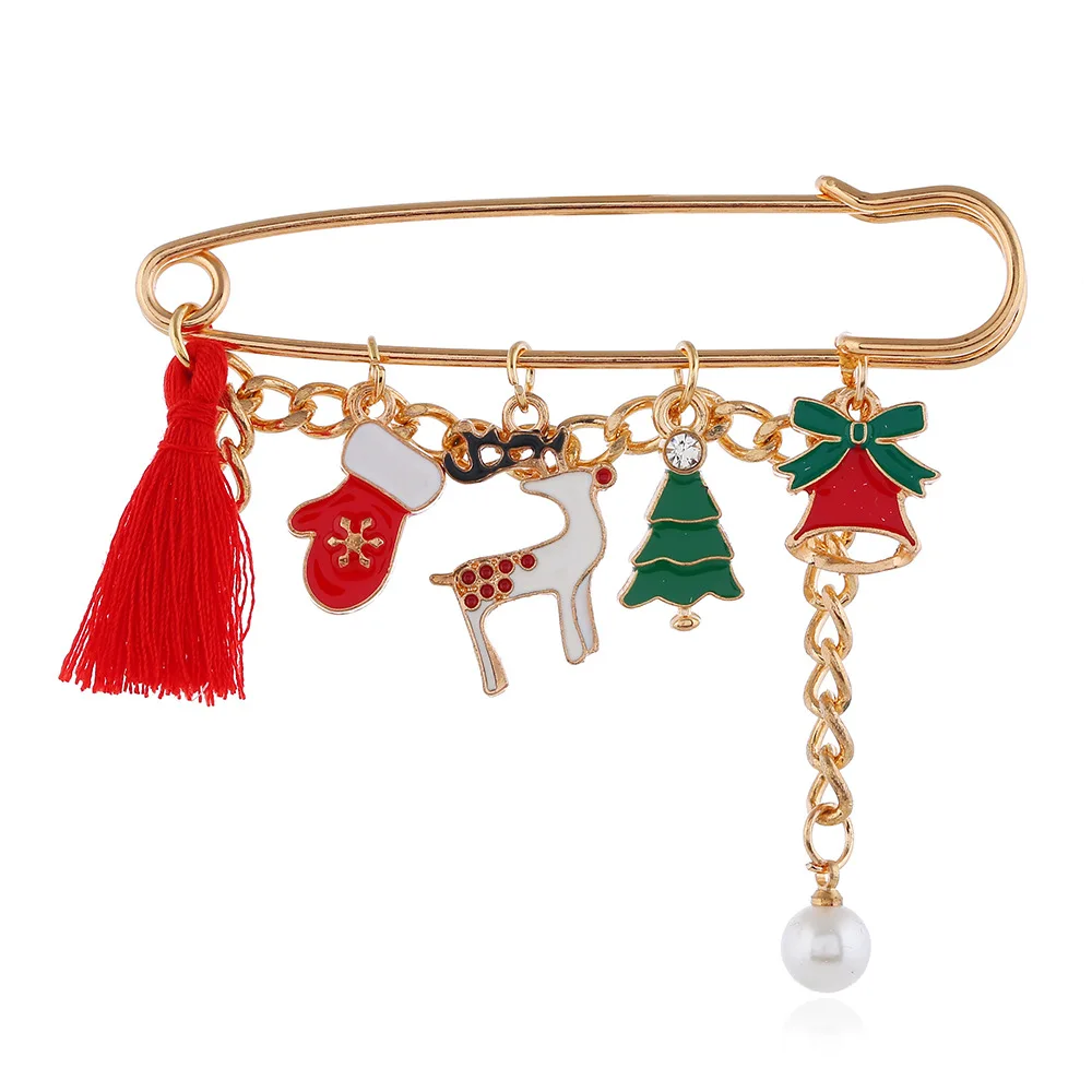 

Amazon Hot Sell Real Gold Plated Christmas Brooches Green Red Tassel Santa Claus Brooch Link Chain Brooch For Christmas Gifts