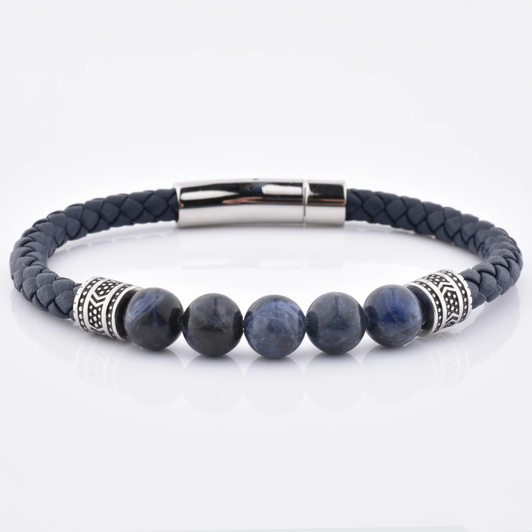 

Men Custom Logo Sodalite Stone Black Leather Genuine Stainless Steel Bracelet