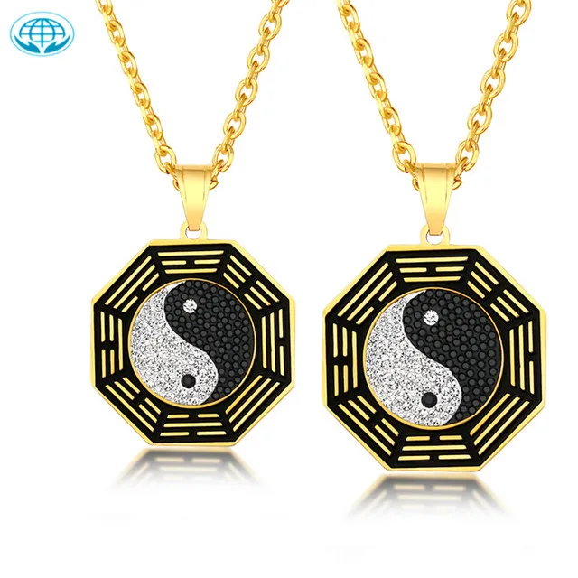 

Domineering titanium steel jewelry yinyang black and white cz inlaid Eight-Diagram tactics pendant gold plated chain necklace, Picture shows