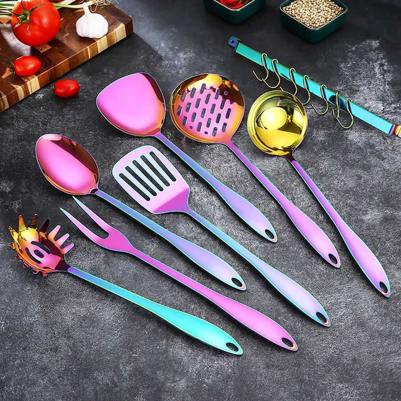 

DD063 8pcs Amazon Titanium Plating Kitchen Cooking Utensil Spatula Shovel Spoon Soup Stainless Steel Kitchenware Set With Hook, Multi colour