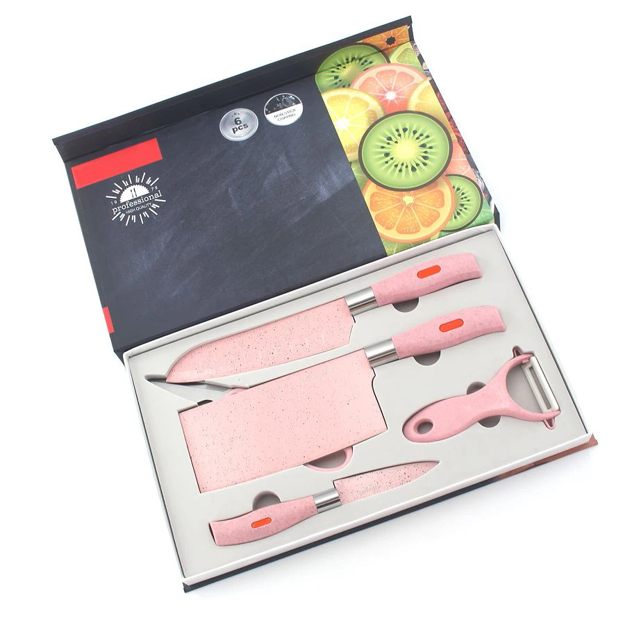 

New Arrival 5PCS Wheat Straw Stainless Steel Kitchen Block Knives With Non Slip Grip Ceramic Blade Vegetable Peeler Scissor Set, Picture shown