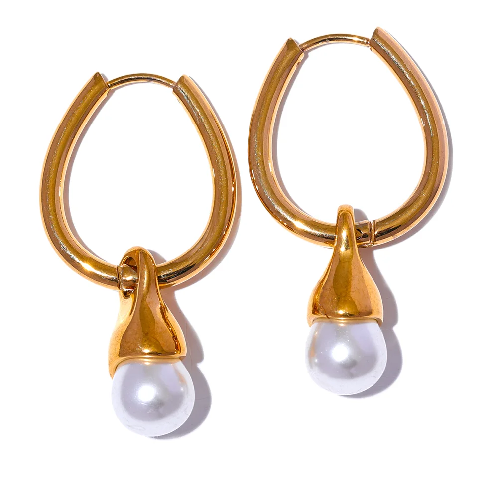 

JINYOU 2740 Removable Stainless Steel Geometric Imitation Pearls Drop Hoop Earrings Gold Fashion Elegant Daily Jewelry for Women