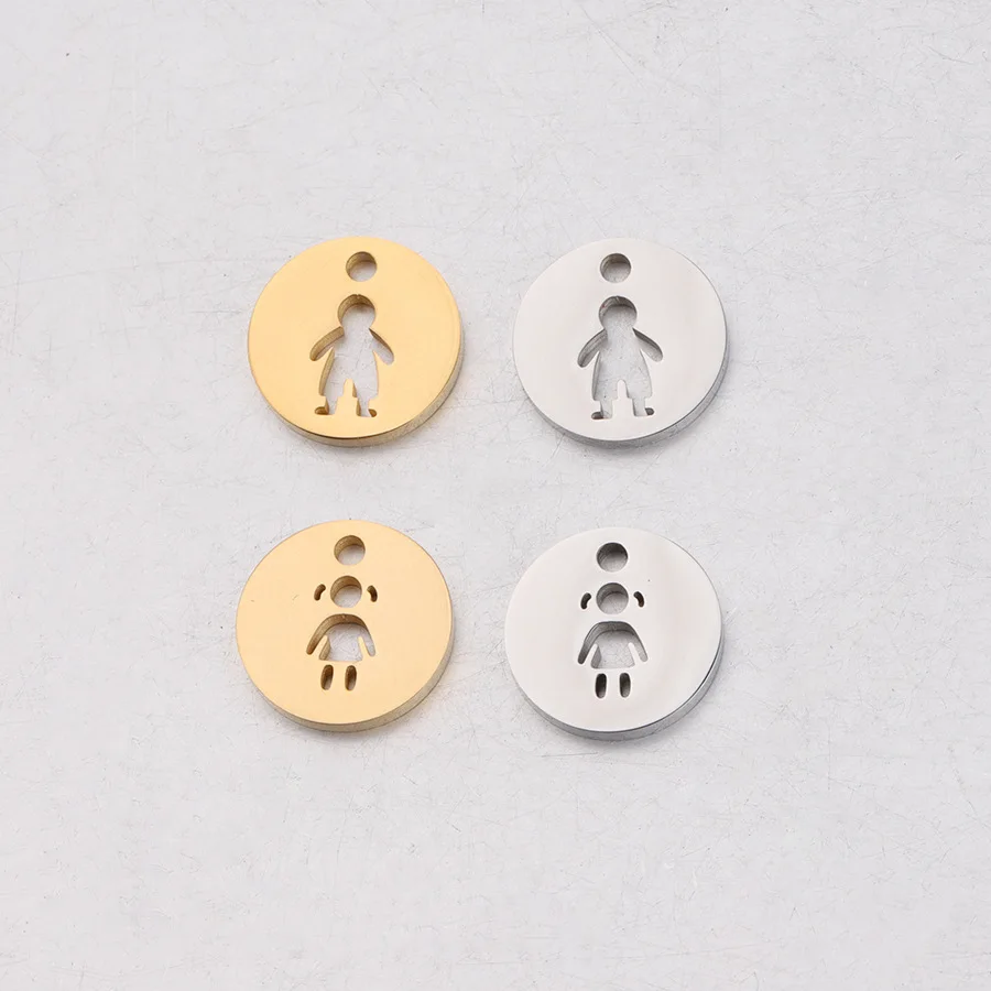 

High Polished Metal Jewelry Accessories Finding Stainless Steel Boy And Girl kids Hollow Out Round Charm Pendant For Lovers, Gold,silver