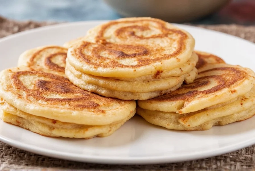 Perfectly cooked cinnamon swirl pancakes with visible spiral patterns, golden brown exterior, and melted cinnamon filling oozing from the edges on a white plate with maple syrup drizzle