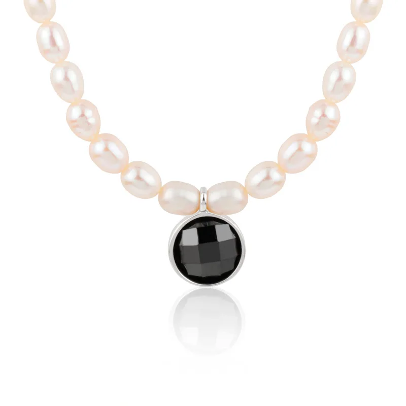 

French retro s925 sterling silver freshwater pearl necklace temperament elegant black zircon round pendant clavicle chain