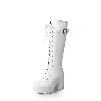 

Women's Boots Chunky Heel Round Toe PU Mid-Calf Boots Fall & Winter Black / White