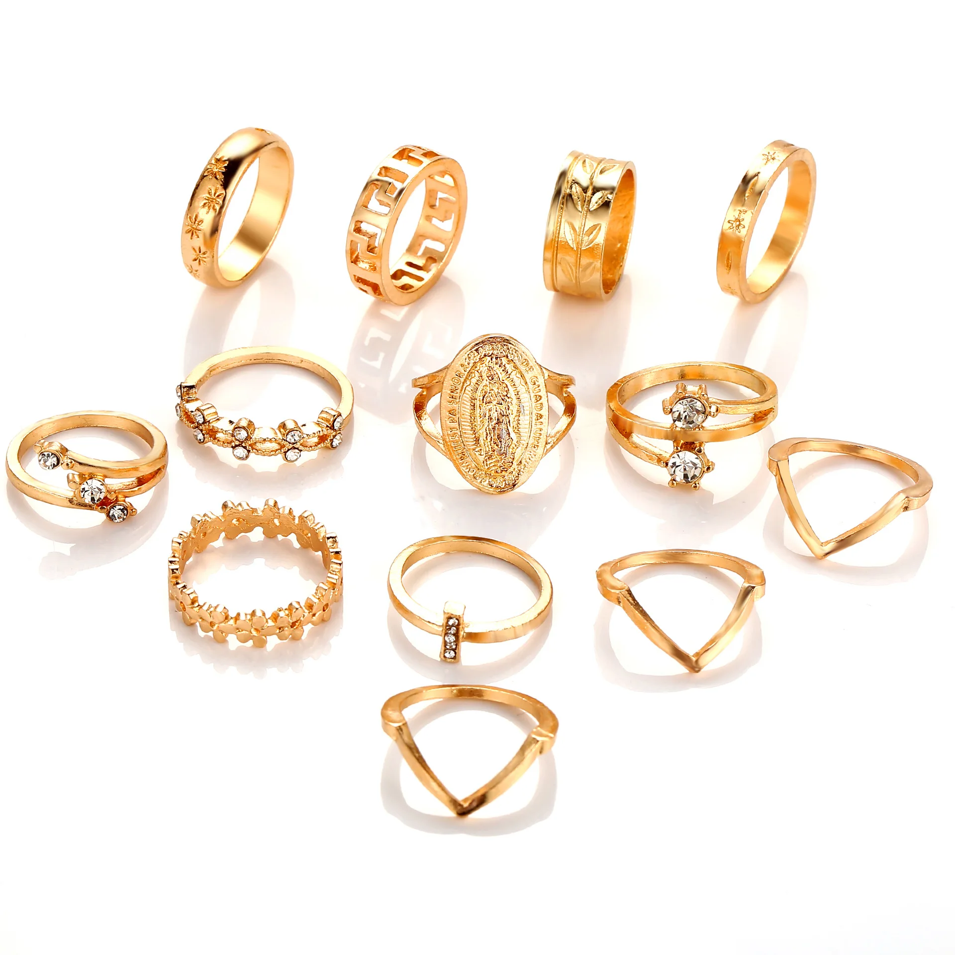 

Retro crystal ring gold finger ring design for women set 13 pieces, As pic
