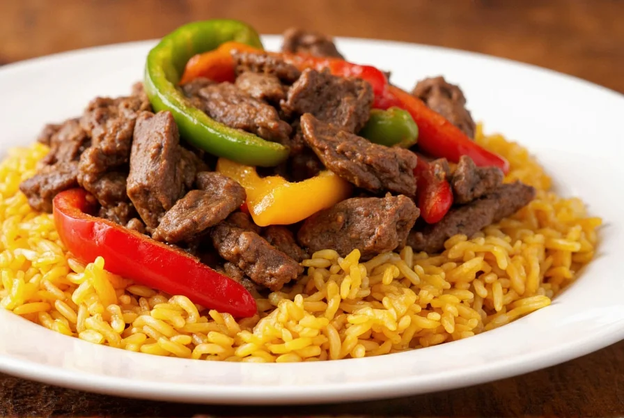 Colorful plate of beef pepper steak with rice showing vibrant bell peppers and tender beef strips
